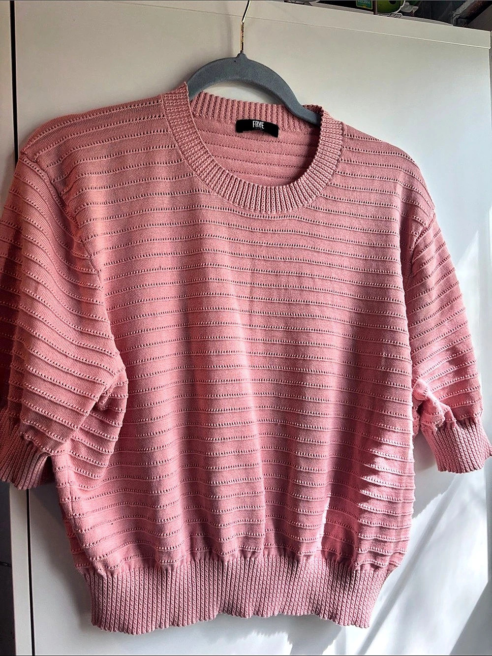 Frye Short Sleeve Pointelle Stitch Sweater Pink XL 100% Cotton